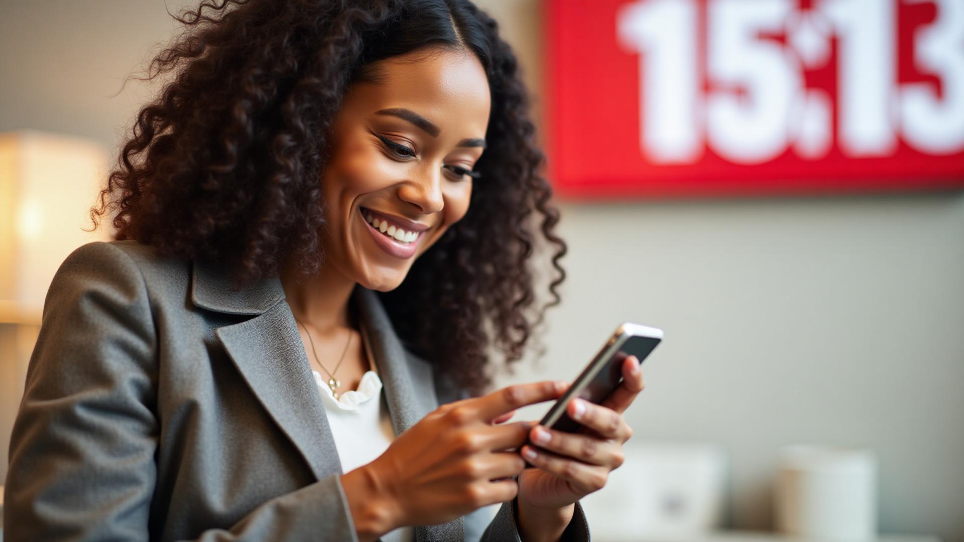 Woman receiving instant loan approval on smartphone